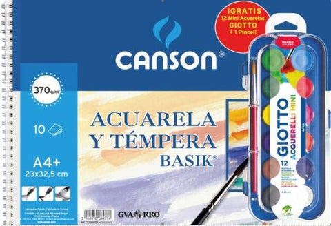  Bloc dibujo espiral basik acuarela y tempera a4+ 370g.+ estuche de acuarelas giotto y 1 pincel de regalo 