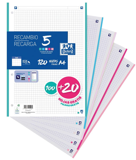  Recambio 5 multicolor a4 100+20h 90g 4 taladros cuadrícula 5x5 con 5 colores de banda pastel 