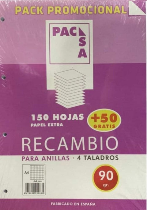  RECAMBIO A4 150+50H 4 TALADROS 90G CUAD.4X4 C/M PACSA 
