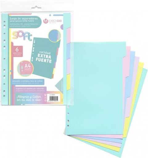  Bolsa separadores a4 soft extra-fuerte 6 pestañas colores pastel multitaladro 