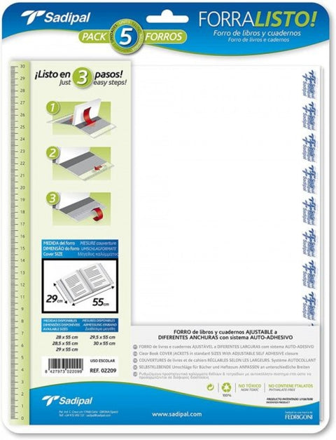  Paq/5 forro libros ajustable 29x55cm forralisto polipropileno 80 micras 